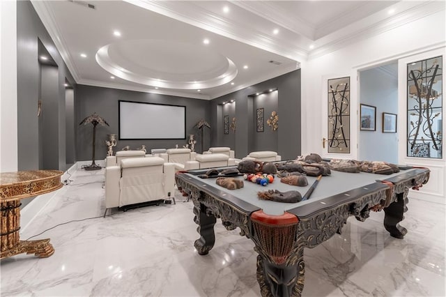 home theater featuring recessed lighting, marble finish floor, and ornamental molding