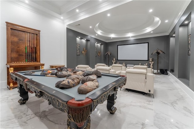 cinema featuring recessed lighting, marble finish floor, billiards, and crown molding