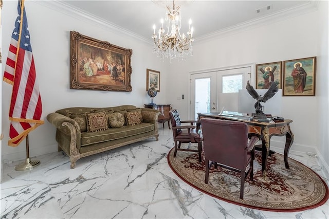 interior space featuring visible vents, marble finish floor, ornamental molding, french doors, and baseboards