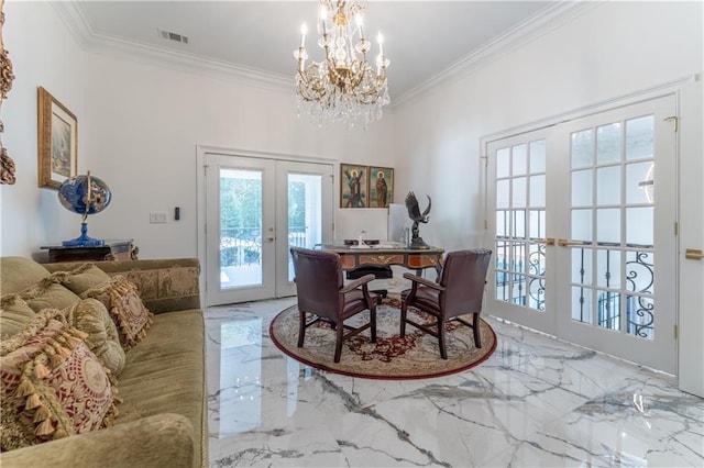 dining space with visible vents, ornamental molding, french doors, marble finish floor, and a chandelier