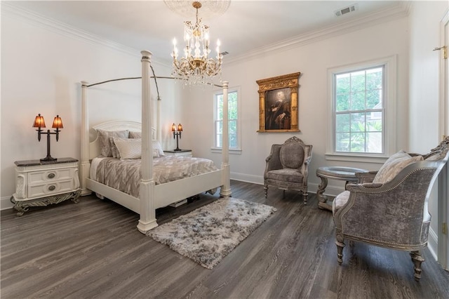 bedroom with visible vents, multiple windows, dark wood-style flooring, and crown molding