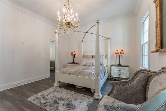 bedroom featuring a notable chandelier, ornamental molding, baseboards, and wood finished floors