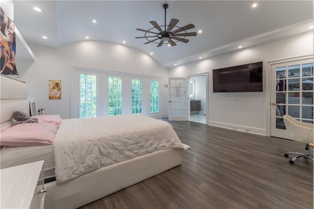 bedroom with dark wood-type flooring, recessed lighting, baseboards, and lofted ceiling