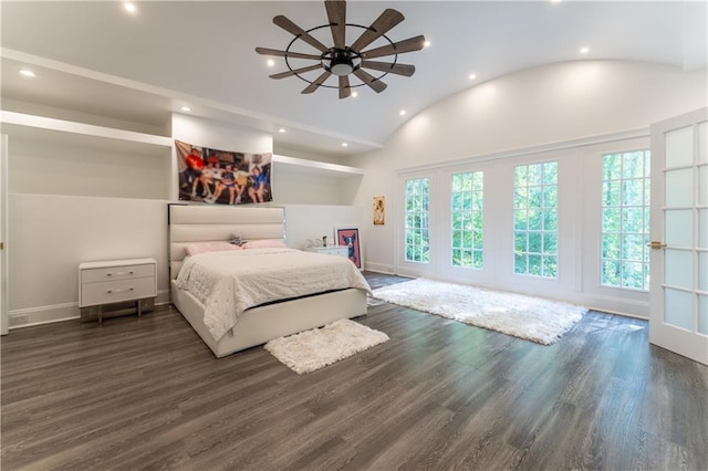 bedroom featuring recessed lighting, baseboards, wood finished floors, and vaulted ceiling