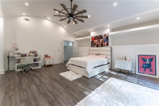 bedroom with wood finished floors, baseboards, visible vents, recessed lighting, and vaulted ceiling