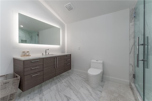 full bath with vanity, toilet, baseboards, and a marble finish shower