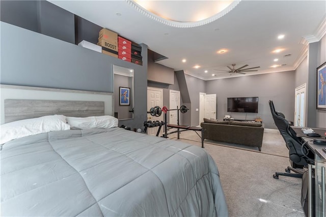 carpeted bedroom with recessed lighting, baseboards, and crown molding