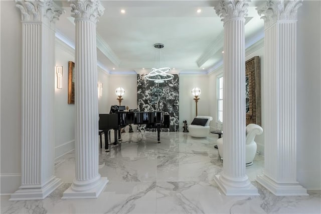 interior space with crown molding, recessed lighting, marble finish floor, a raised ceiling, and ornate columns