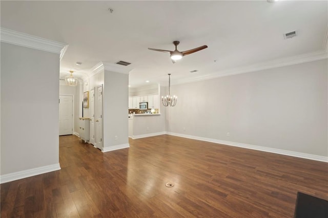 3992 Camden Way, Alpharetta, GA 30005 - unfurnished living room featuring a chandelier, a ceiling fan, dark wood-style floors, baseboards, and ornamental molding