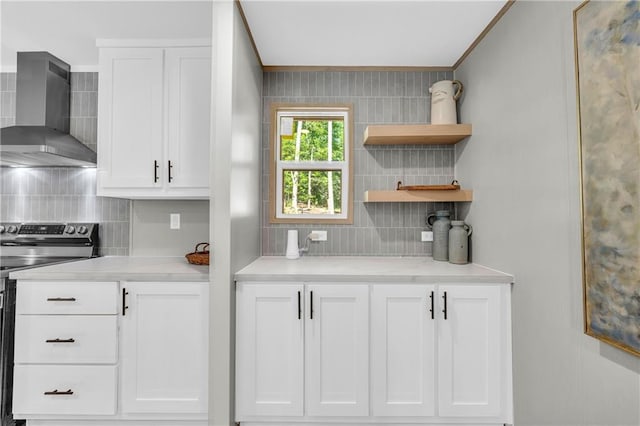 551 Fern Valley Trl NE, Clarkesville, GA 30523 - kitchen featuring wall chimney exhaust hood, stainless steel electric range, tasteful backsplash, and light countertops