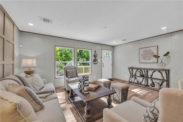 551 Fern Valley Trl NE, Clarkesville, GA 30523 - living room featuring recessed lighting, light wood-type flooring, a decorative wall, and crown molding