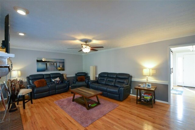 living room with ceiling fan, ornamental molding, a fireplace, and light wood-type flooring