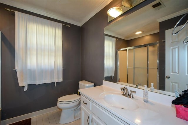 bathroom featuring vanity, walk in shower, toilet, crown molding, and tile patterned floors