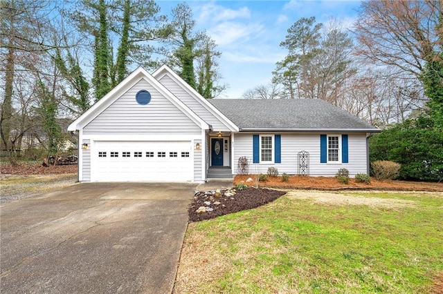 single story home with a garage, driveway, a front lawn, and roof with shingles