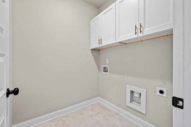 laundry room featuring washer hookup, cabinet space, baseboards, and hookup for an electric dryer