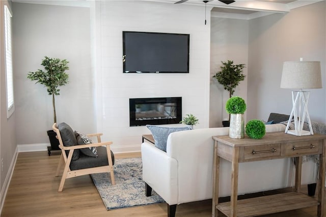 living room featuring wood finished floors, a fireplace, baseboards, and ceiling fan