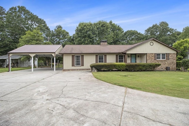 1134 Roscoe Rd, Newnan, GA 30263 - ranch-style home with concrete driveway, a front yard, a chimney, and brick siding
