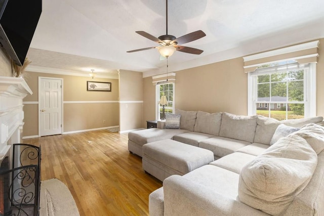 1134 Roscoe Rd, Newnan, GA 30263 - living room featuring a ceiling fan, plenty of natural light, light wood-style floors, and a fireplace