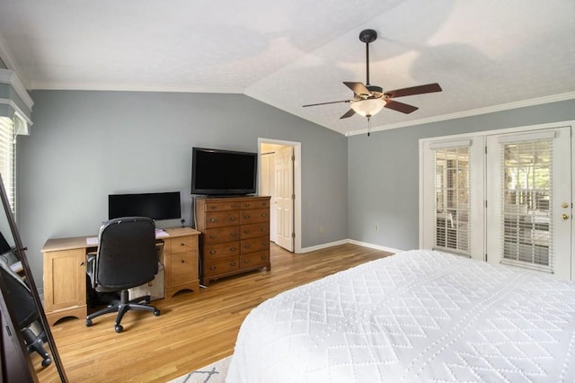 1134 Roscoe Rd, Newnan, GA 30263 - bedroom with light wood-style floors, access to outside, lofted ceiling, ornamental molding, and ceiling fan