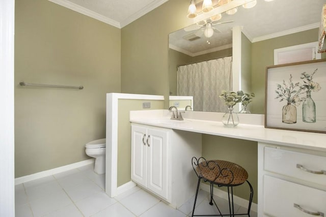 1134 Roscoe Rd, Newnan, GA 30263 - bathroom with a ceiling fan, vanity, tile patterned flooring, and crown molding