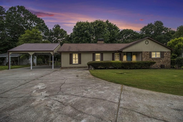 1134 Roscoe Rd, Newnan, GA 30263 - ranch-style house featuring concrete driveway, a lawn, a chimney, and brick siding