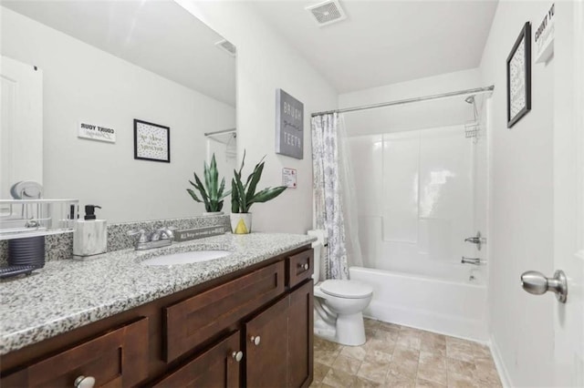 full bathroom featuring vanity, shower / bathtub combination with curtain, and toilet