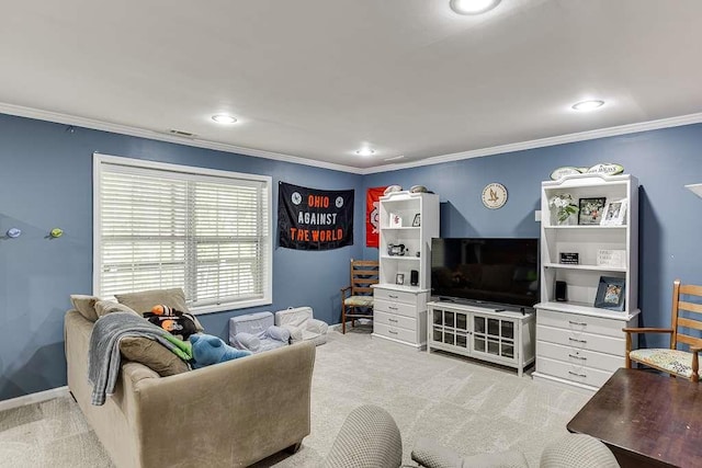 carpeted living room with recessed lighting and ornamental molding
