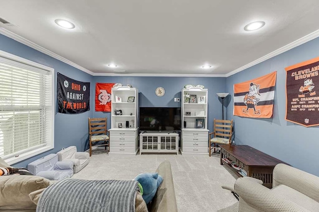 carpeted living area with visible vents, recessed lighting, and crown molding