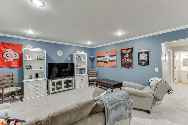 living area featuring carpet, recessed lighting, and crown molding