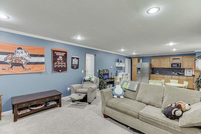 living room featuring recessed lighting, light carpet, baseboards, and ornamental molding