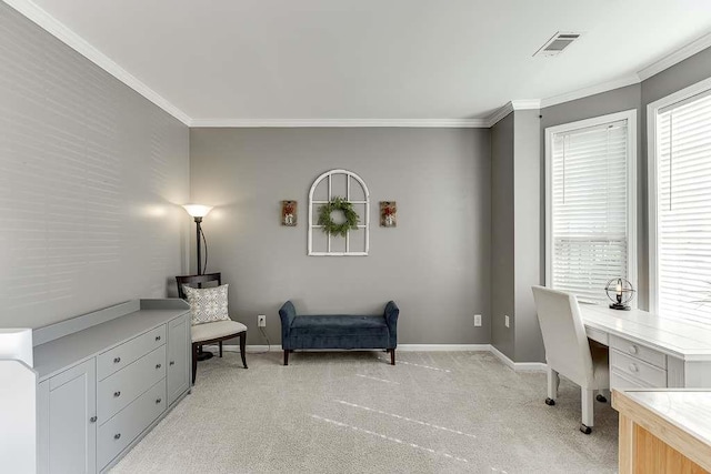 home office with light colored carpet, baseboards, crown molding, and visible vents