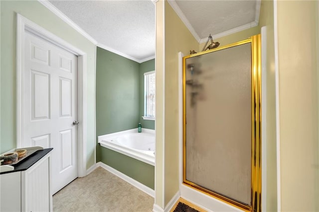 bathroom featuring a textured ceiling, crown molding, and shower with separate bathtub