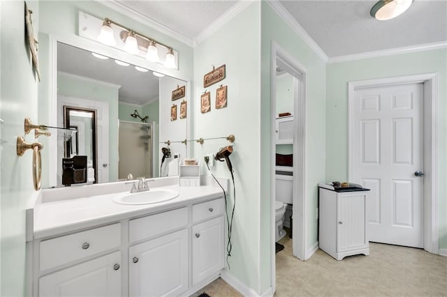 bathroom featuring an enclosed shower, ornamental molding, a textured ceiling, vanity, and toilet