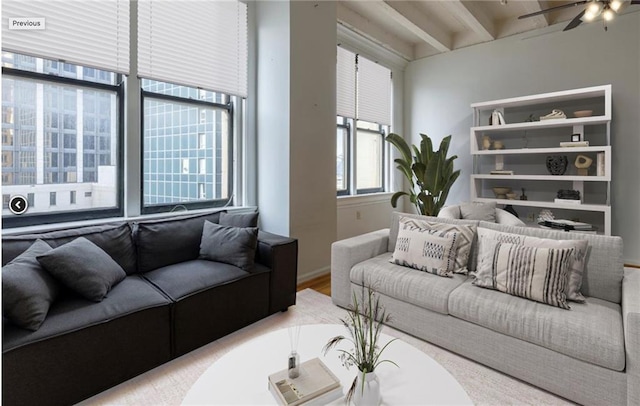 living room with hardwood / wood-style floors and ceiling fan