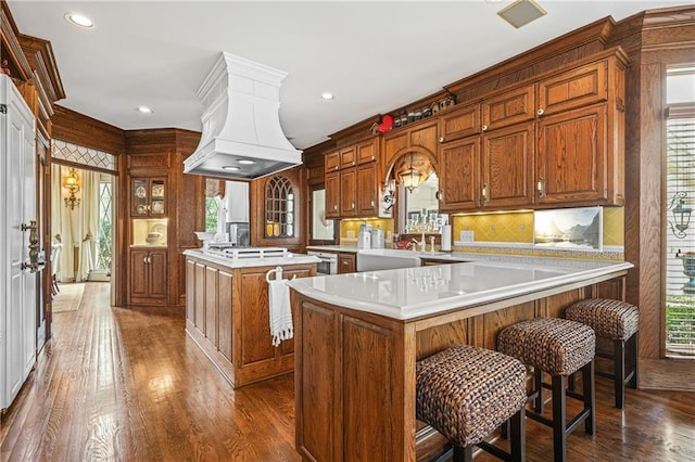 1500 Historic Vw, Stone Mountain, GA 30087 - kitchen with custom range hood, a kitchen island, light countertops, a peninsula, and dark wood-type flooring