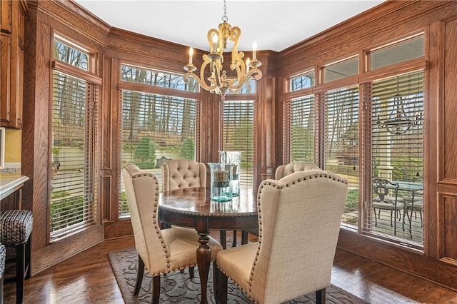 1500 Historic Vw, Stone Mountain, GA 30087 - dining room featuring a chandelier, healthy amount of natural light, dark wood-type flooring, and wood walls