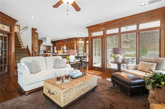 1500 Historic Vw, Stone Mountain, GA 30087 - living area with dark wood-type flooring, a chandelier, ceiling fan, stairs, and recessed lighting
