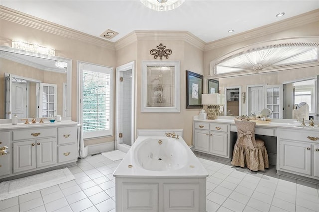 1500 Historic Vw, Stone Mountain, GA 30087 - full bathroom featuring two vanities, a tub with jets, tile patterned floors, and crown molding