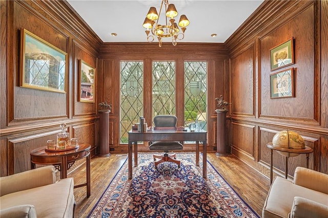 1500 Historic Vw, Stone Mountain, GA 30087 - office area with light wood-style flooring, a chandelier, ornamental molding, and wood walls