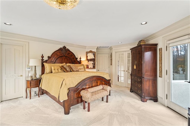1500 Historic Vw, Stone Mountain, GA 30087 - bedroom with access to exterior, light colored carpet, ornamental molding, and recessed lighting