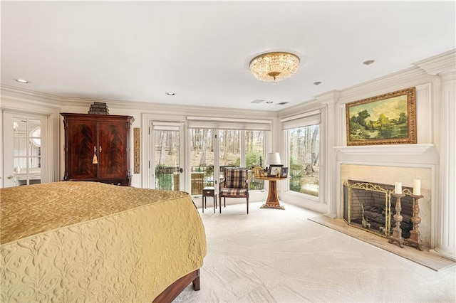 1500 Historic Vw, Stone Mountain, GA 30087 - carpeted bedroom with access to exterior, crown molding, and a fireplace with raised hearth