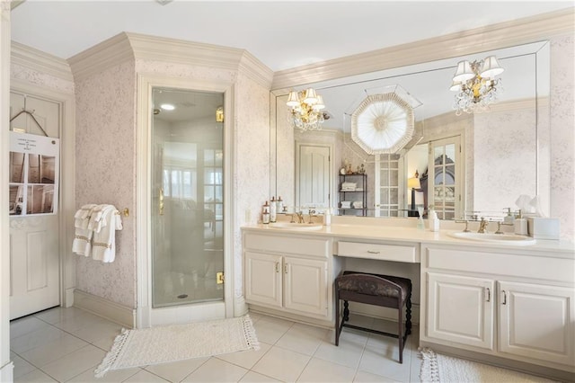 1500 Historic Vw, Stone Mountain, GA 30087 - bathroom featuring wallpapered walls, a chandelier, tile patterned flooring, double vanity, and a stall shower
