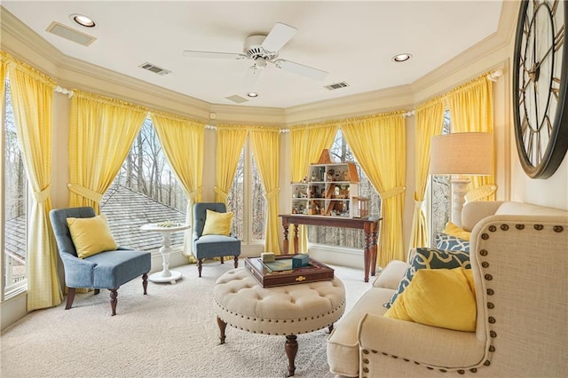 1500 Historic Vw, Stone Mountain, GA 30087 - sitting room with crown molding, carpet flooring, healthy amount of natural light, and ceiling fan