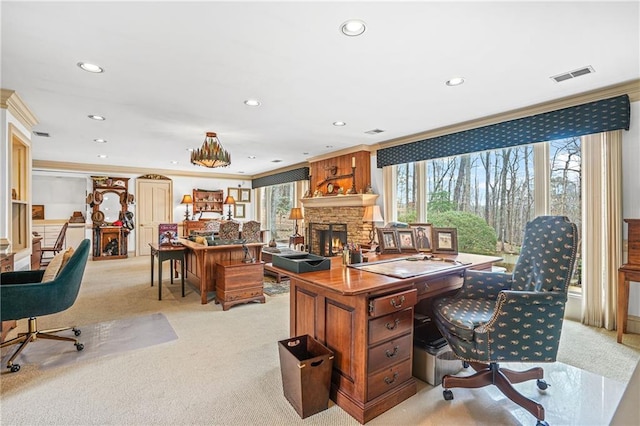 1500 Historic Vw, Stone Mountain, GA 30087 - home office featuring recessed lighting, crown molding, a fireplace, and light colored carpet