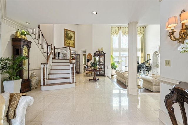 1500 Historic Vw, Stone Mountain, GA 30087 - entrance foyer with stairs, recessed lighting, ornate columns, a chandelier, and a high ceiling