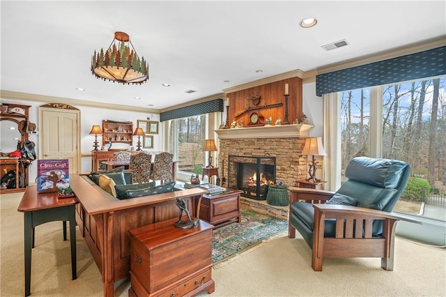 1500 Historic Vw, Stone Mountain, GA 30087 - carpeted living area featuring crown molding, a fireplace, and recessed lighting