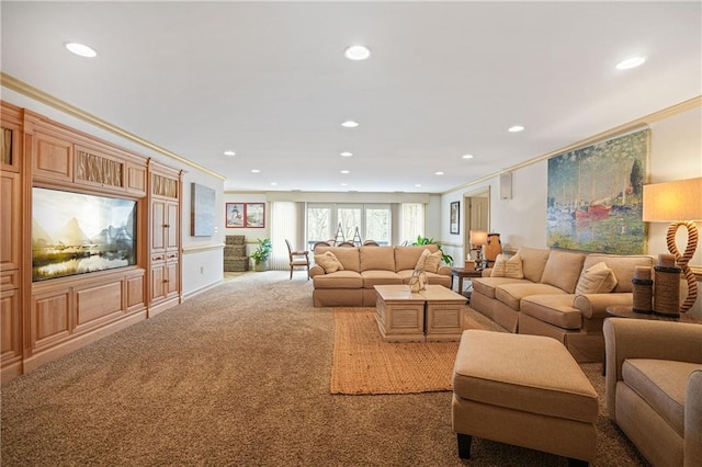 1500 Historic Vw, Stone Mountain, GA 30087 - living room featuring crown molding, carpet floors, and recessed lighting