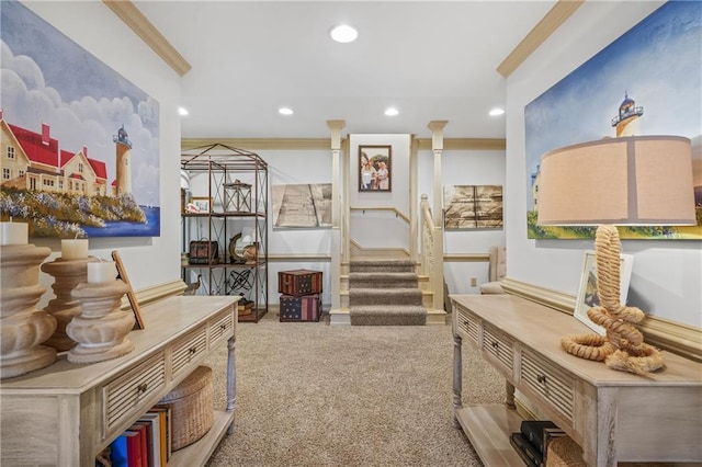 1500 Historic Vw, Stone Mountain, GA 30087 - hallway featuring carpet, recessed lighting, crown molding, and stairs