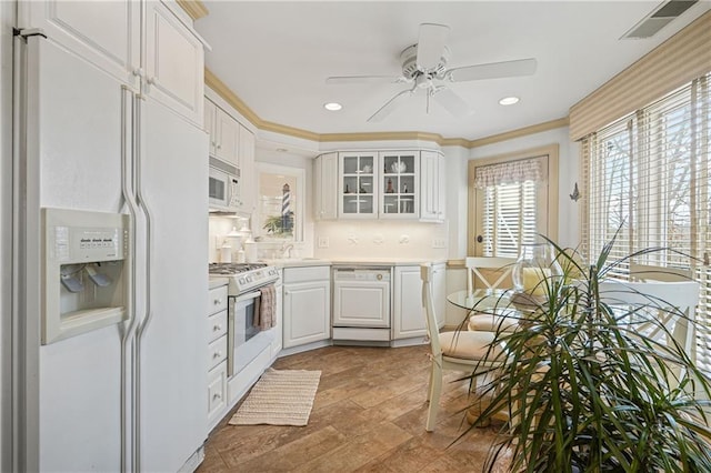 1500 Historic Vw, Stone Mountain, GA 30087 - kitchen featuring white appliances, ceiling fan, white cabinets, and recessed lighting