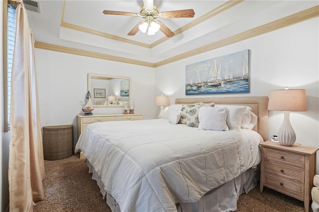 1500 Historic Vw, Stone Mountain, GA 30087 - bedroom with carpet flooring, a raised ceiling, ornamental molding, and a ceiling fan